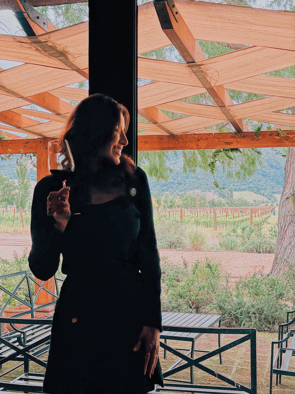 Júlia Jasper brindando na vinícola Clos Apalta com o vale ao fundo - Conhecendo o Mundo com Julia | Terroir Collection