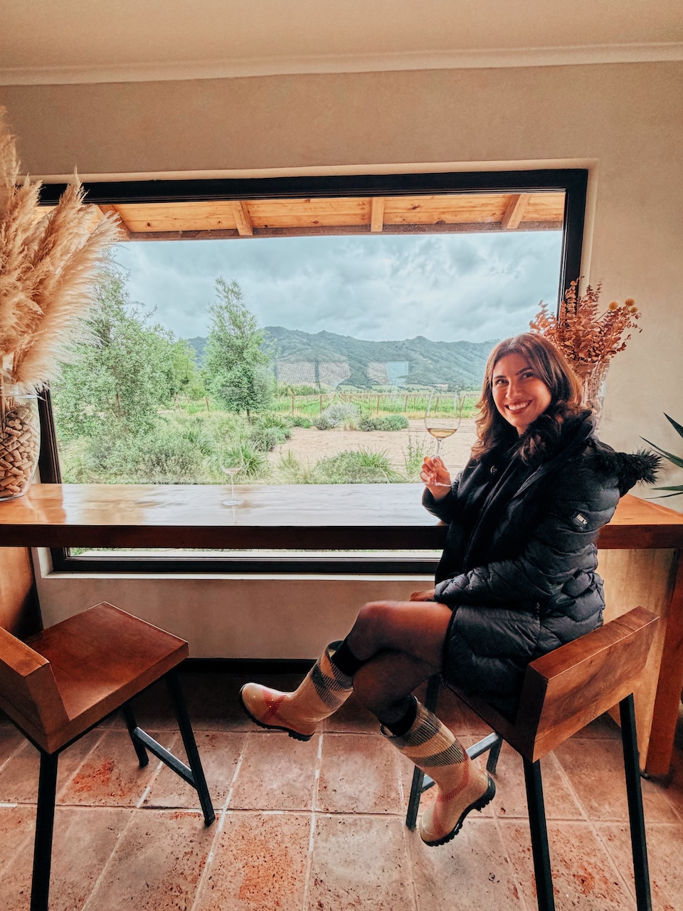 Júlia Jasper brindando na vinícola Clos Apalta com o vale ao fundo - Conhecendo o Mundo com Julia | Terroir Collection